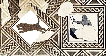 On the right, the partial depiction of a topless woman seen from the side holding a whip surrounded by a patterns square. To the left is a depiction of a leopard running bordered by a square with its points facing up and down