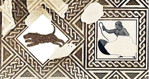 On the right, the partial depiction of a topless woman seen from the side holding a whip surrounded by a patterns square. To the left is a depiction of a leopard running bordered by a square with its points facing up and down