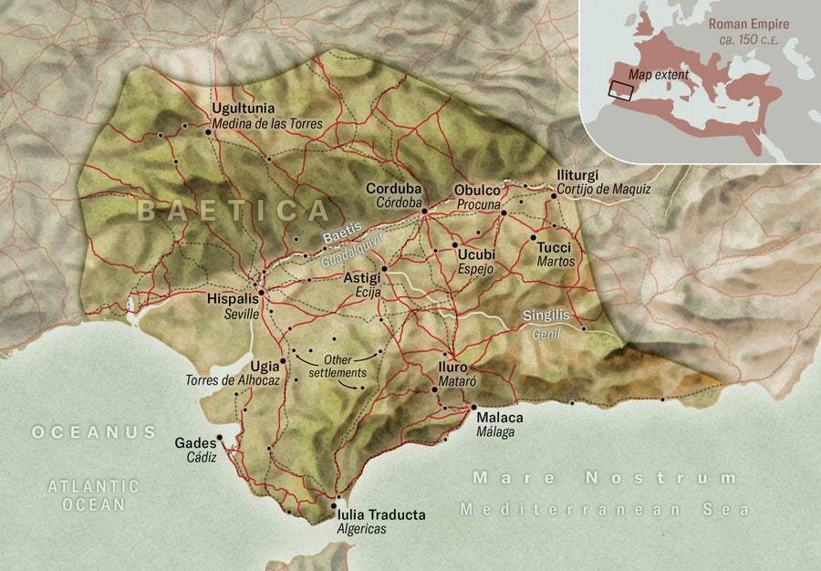 Map shows the southwest coast of Spain. Known ancient settlements are marked with dots. A network of lines trace known ancient roads that connect many—but not all—of the settlement dots.