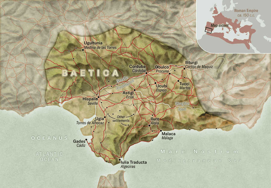 Map shows the southwest coast of Spain. Known ancient settlements are marked with dots. A network of lines trace known ancient roads that connect many—but not all—of the settlement dots.