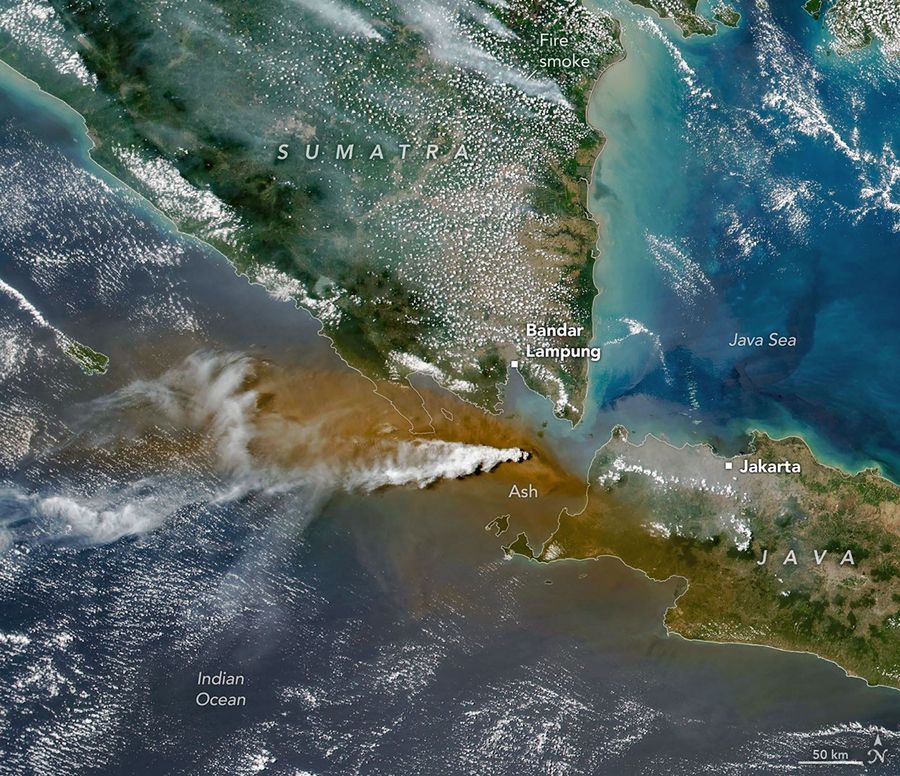 A wider view of the eruption, which occurred between the islands of Java and Sumatra.
