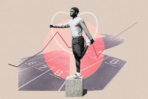 A young sportsman on a collage background with a sports ground and health data