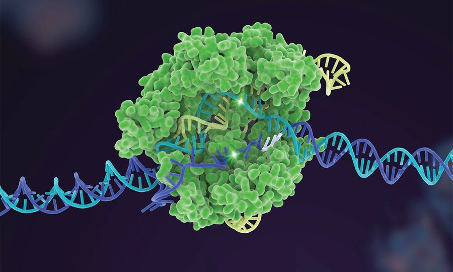 Visualization of CRISPR technology atom and DNA strands.
