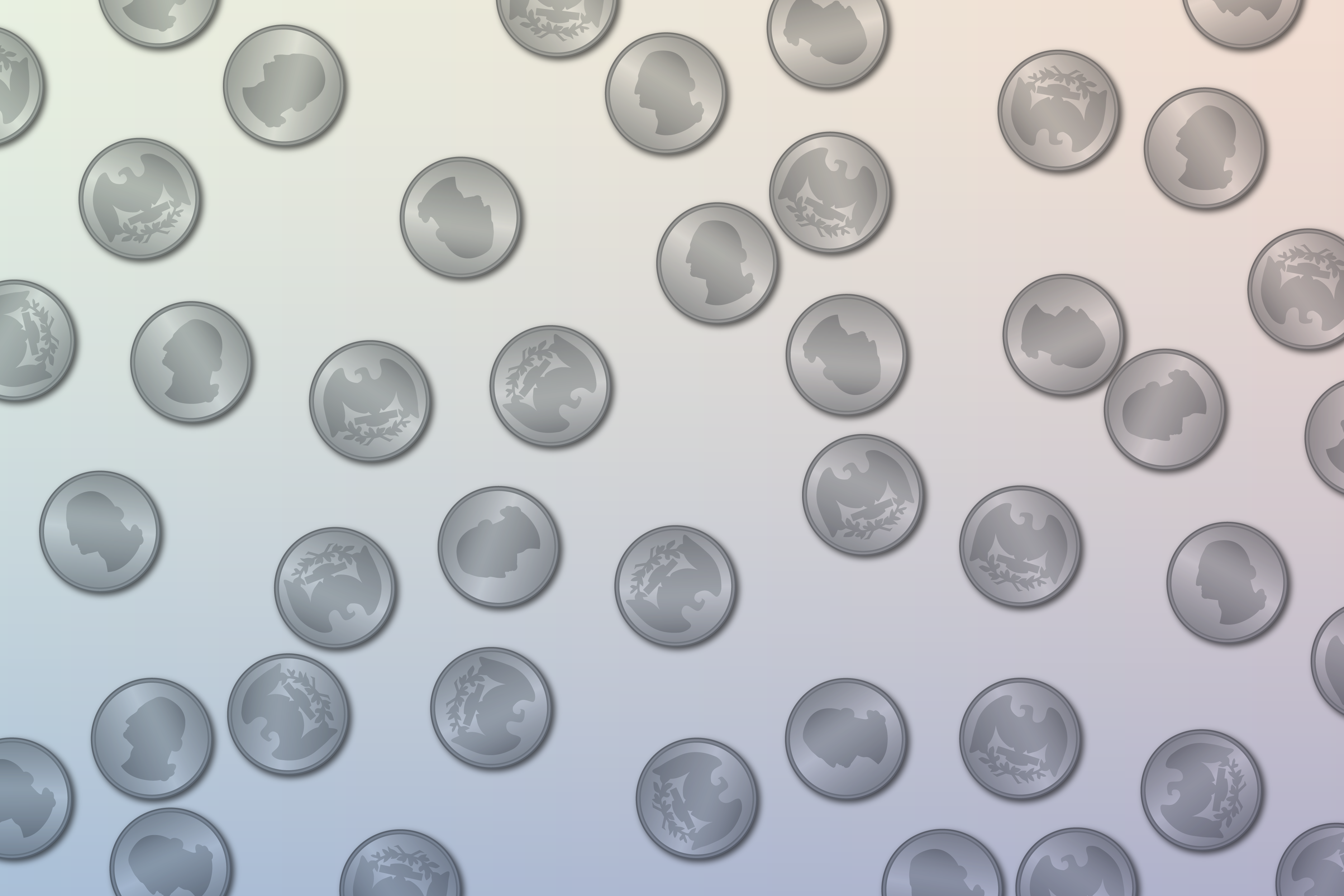 Illustration of quarters scattered over a surface with some showing heads and others showing tails.