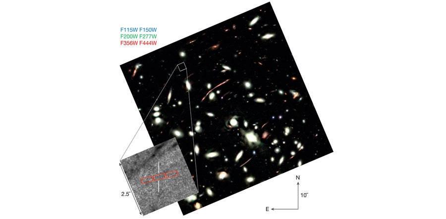 	An annotated image showing subtle galactic features from a deep-field exposure by the James Webb Space Telescope, highlighting the presence of a galaxy called LAP1-B