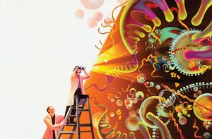 A scientist on a ladder looking through binoculars seeing a large orange wash of color with microorganism structures scattered on top by Deena So’Oteh.
