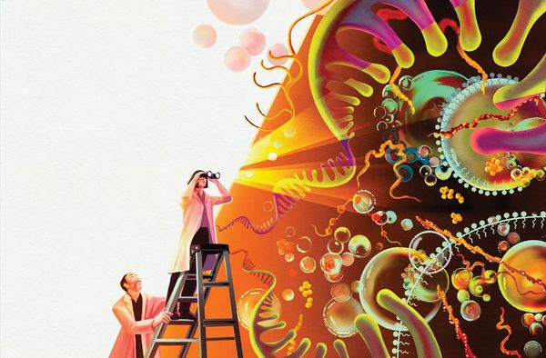 A scientist on a ladder looking through binoculars seeing a large orange wash of color with microorganism structures scattered on top by Deena So’Oteh.