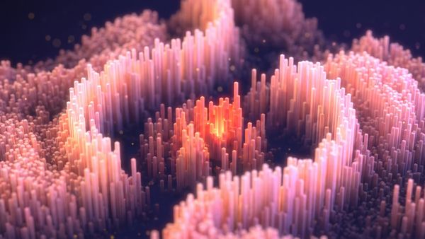 Many small, pink towers in waves, meant to represent variants in the human genome