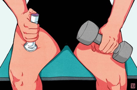 People can lose muscle as they age, even if they work out regularly. Illustration shows a person exercising with a weight in one hand and the other hand giving a GLP-1 injection.