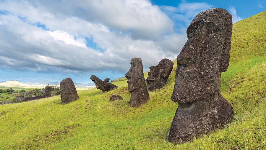 Hillside view of the Moai that remain at Reno Raraku. Image provided by Sergio Pitamitz/Getty Images.
