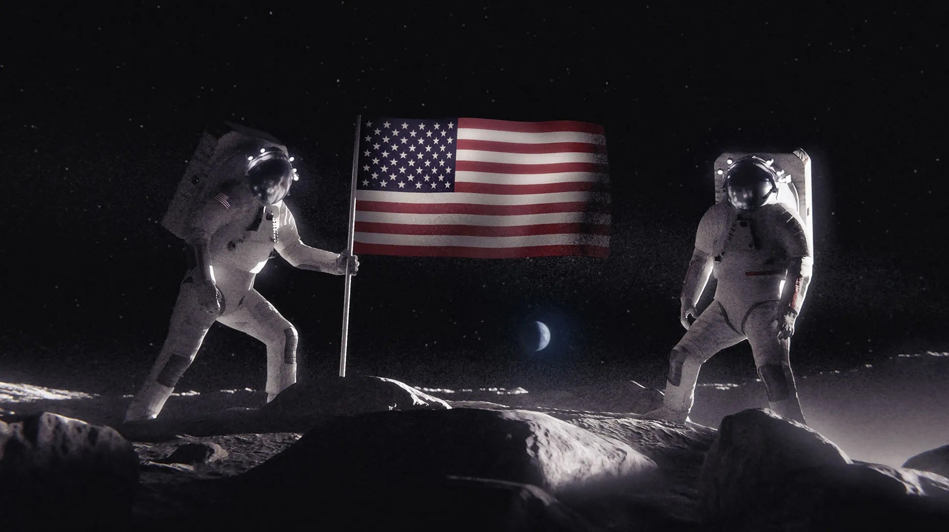 Two astronauts in white space suits hold an American flag on the surface of the moon, with the crescent of Earth shown in the distance.