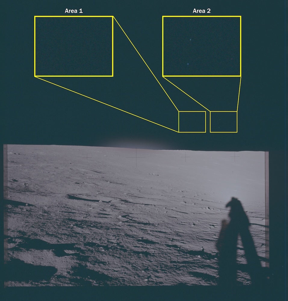 Apollo 12 photograph with two annotated regions highlighting unidentified phenomena.