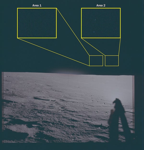 Esta fotografía de archivo muestra la superficie lunar vista desde el lugar de aterrizaje del Apolo 12. Esta imagen presenta dos áreas de interés resaltadas, denominadas