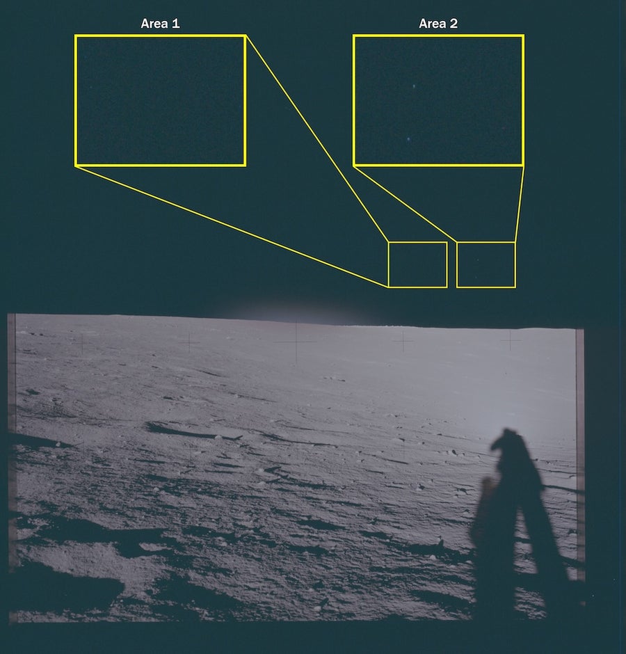 This archival photograph depicts the lunar surface as viewed from the landing site of Apollo 12. This image features two highlighted areas of interest, labeled “Area 1” and “Area 2,” slightly to the right of the vertical axis of the frame, above the horizon, in which unidentified phenomena are visible.