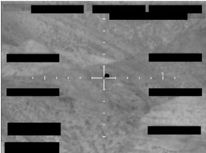 Image displays a mottled background with a central crosshair reticle. A dark, circular object is positioned exactly at the center of the reticle. The background shows a textured pattern, possibly depicting ground terrain.