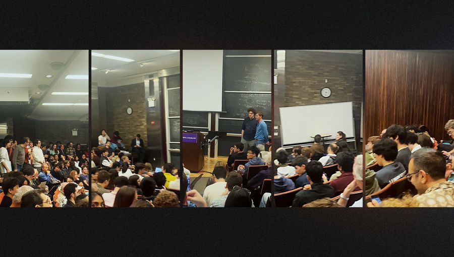 A four-panel collage of images of a packed lecture hall.