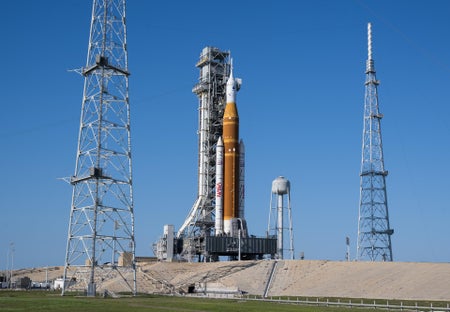 NASA’s Artemis II SLS (Space Launch System) rocket and Orion spacecraft are seen at Launch Complex 39B, at NASA’s Kennedy Space Center in Florida.