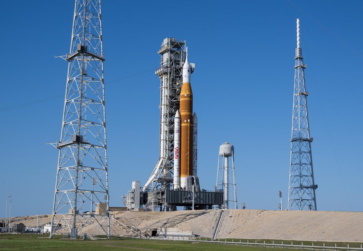 NASA's Artemis II SLS (Space Launch System) rocket and Orion spacecraft are seen at Launch Complex 39B, at NASA's Kennedy Space Center in Florida.