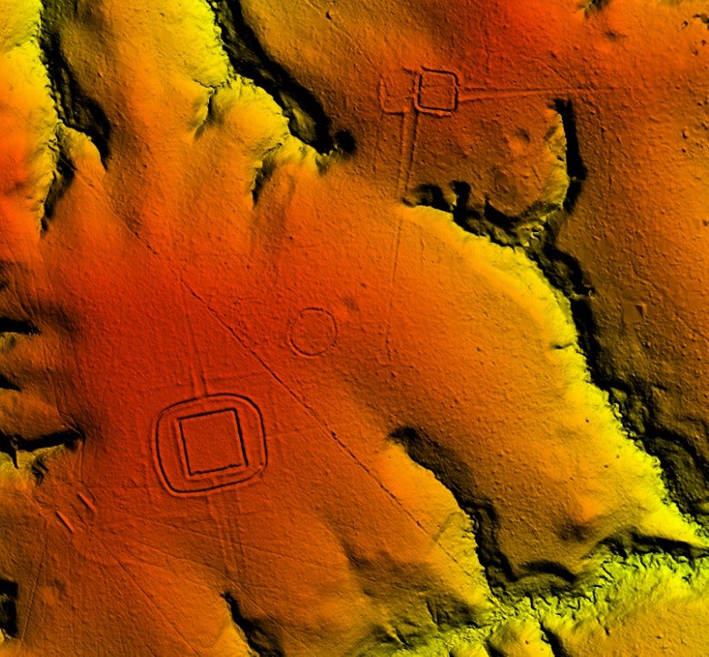 Square geometric shapes on an orange topographical image.