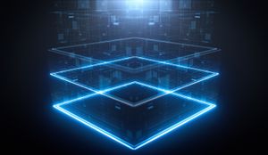 An abstract illustration showing three glowing blue boxes stacked one top one another and surrounded by ghostly blue wisps of numbers and data.