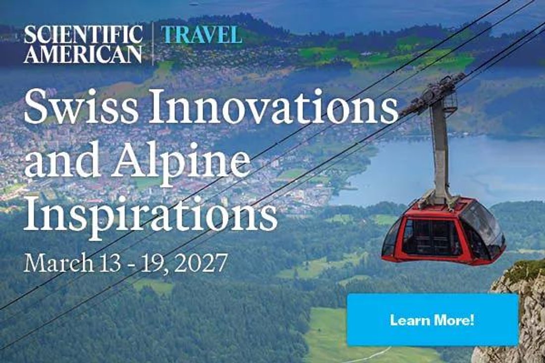 Scientific American Travel promotion for “Swiss Innovations and Alpine Inspirations,” featuring a red cable car suspended above a scenic Swiss mountain landscape.