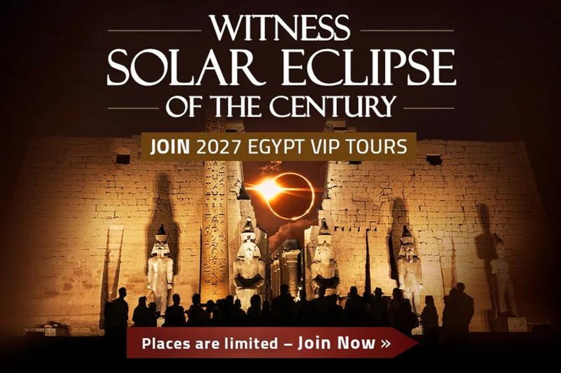 An ad that includes an image of an ancient Egyptian building illuminated by a spotlight