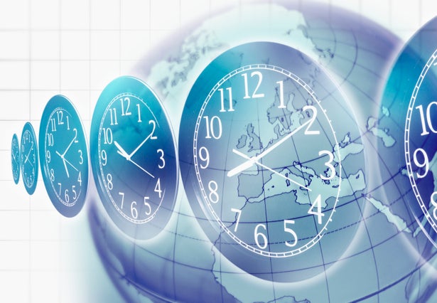 A graphic of the earth with clocks over it