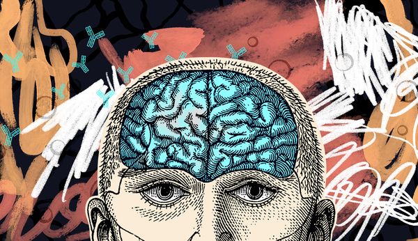 A drawing of a human head with a blue brain is surrounded by orange, red and white squiggles, with blue antibodies and white blood cells scattered across the black background.
