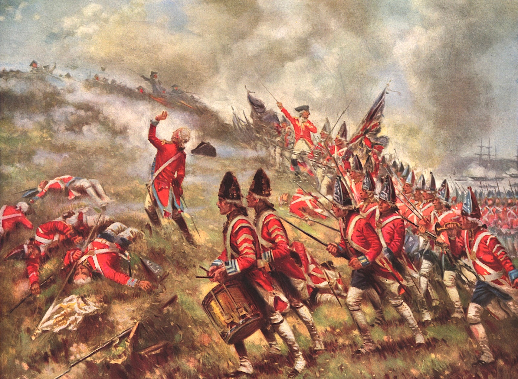 A painting of Revolutionary War-era British soldiers in their red uniforms with smoke in the background and felled soldiers lying down