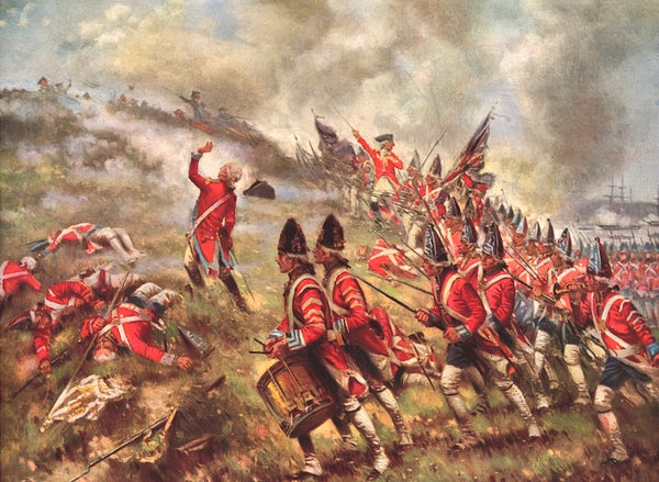 A painting of Revolutionary War-era British soldiers in their red uniforms with smoke in the background and felled soldiers lying down