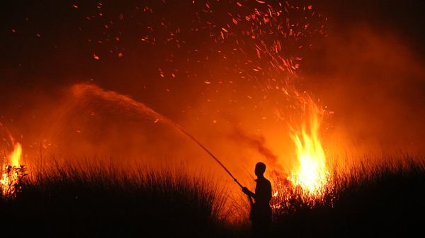 A picture taken on August 11, 2026, shows the silhouette of a local villager attempting to extinguish a wildfire in Palangkaraya in the Indonesian province of Central Kalimantan.