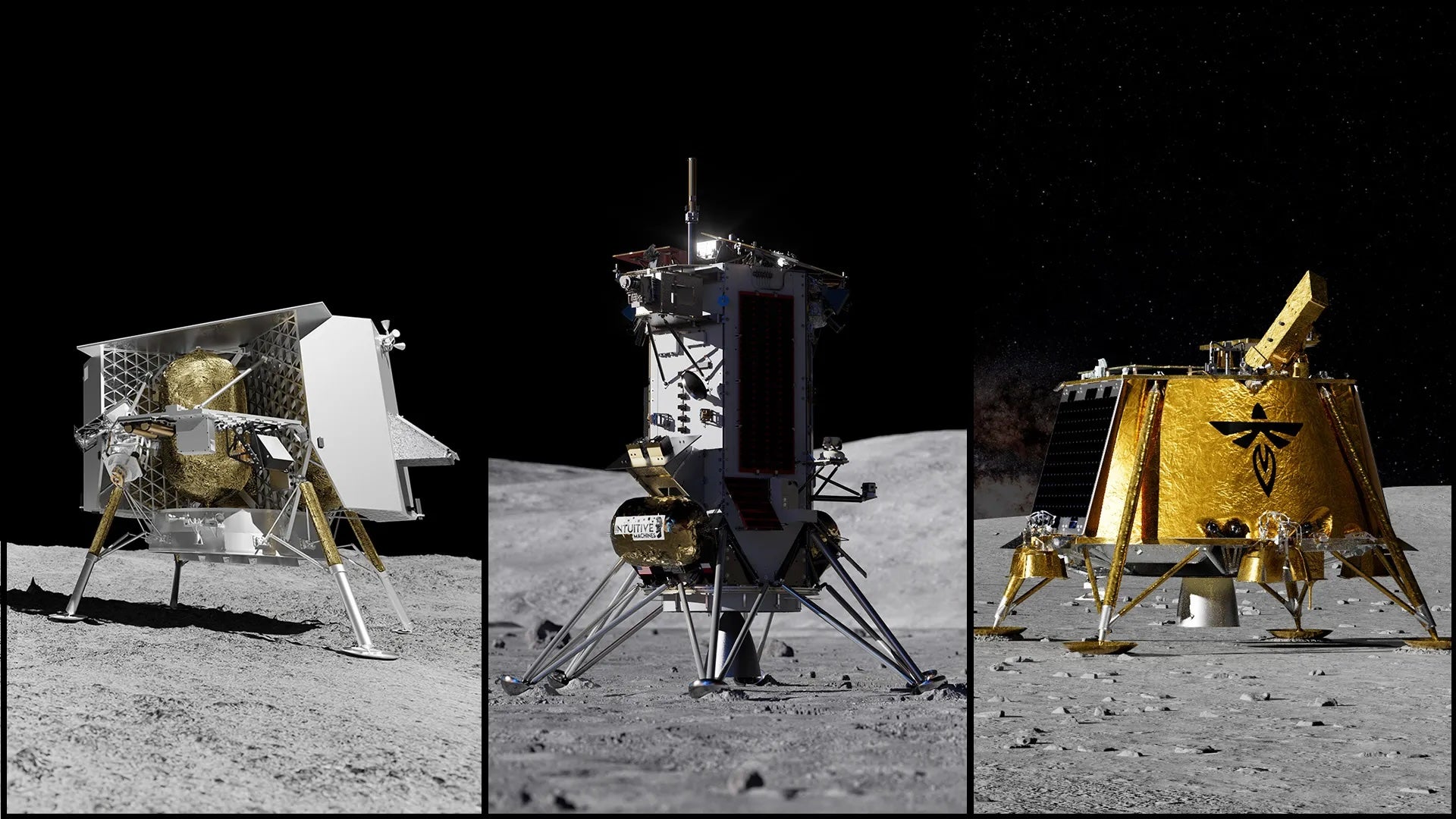 Three artist renderings depict commercial lunar landers from Astrobotic, Intuitive Machines, and Firefly on the Moon. NASA announced June 30 the landers will deliver more NASA science investigations and technology demonstrations to the lunar surface for NASA’s Moon Base Program.