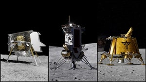 Three artist renderings depict commercial lunar landers from Astrobotic, Intuitive Machines, and Firefly on the Moon. NASA announced June 30 the landers will deliver more NASA science investigations and technology demonstrations to the lunar surface for NASA’s Moon Base Program.