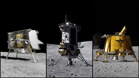Three artist renderings depict commercial lunar landers from Astrobotic, Intuitive Machines, and Firefly on the Moon. NASA announced June 30 the landers will deliver more NASA science investigations and technology demonstrations to the lunar surface for NASA’s Moon Base Program.
