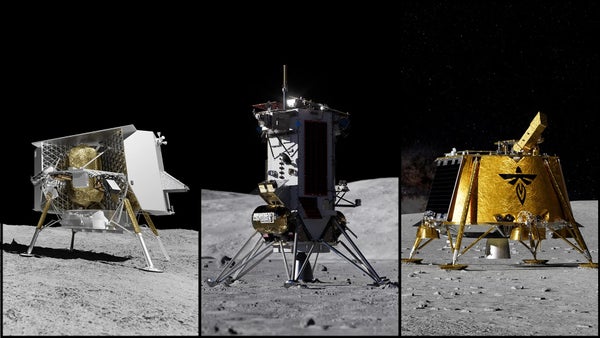 Three artist renderings depict commercial lunar landers from Astrobotic, Intuitive Machines, and Firefly on the Moon. NASA announced June 30 the landers will deliver more NASA science investigations and technology demonstrations to the lunar surface for NASA’s Moon Base Program.