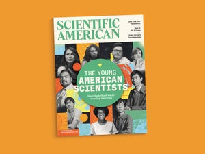 Cover of the July/August issue of Scientific American, featuring a colorful collage of people around the branding of The Young American Scientists, against an orange background.