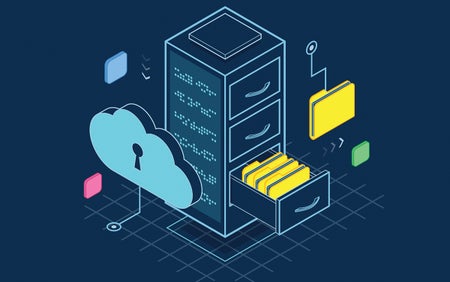Digital encryption conceptual illustration, with a keywhole in the cloud providing access to documents in a file cabinet.