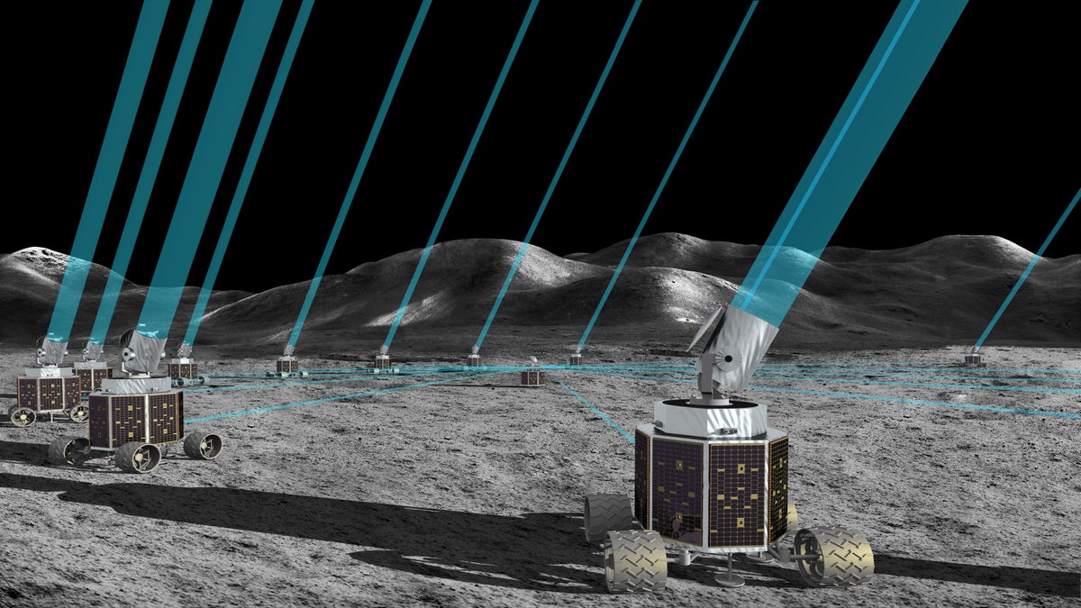 Lunar surface with a number of small rovers on wheels with mirrors collecting beams of light.