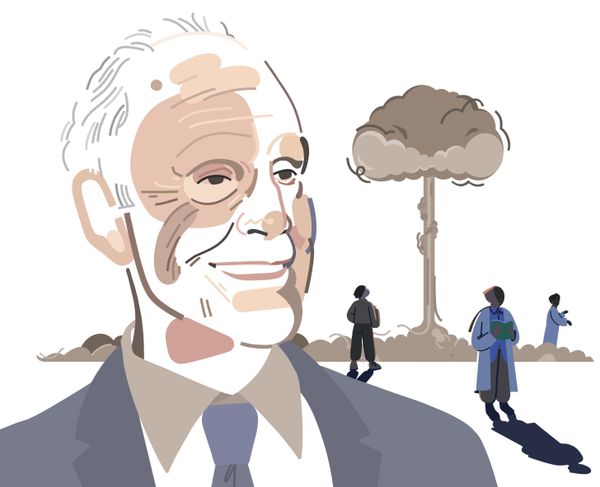 Highly stylized portrait llustration of David J. Gross with a backdrop of three scientists surrounding a mushroom cloud. Illustration by Shideh Ghandeharizadeh.