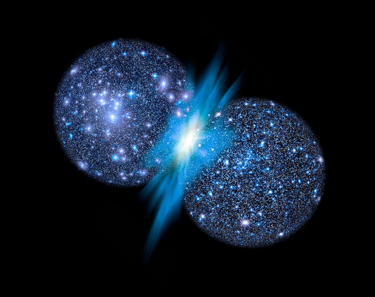 Photo: scientificamerican.com An illustration of two bubble-like star-filled universes colliding, with a brilliant flash of blue emanating from the