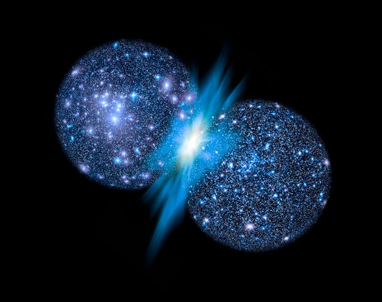 An illustration of two bubble-like star-filled universes colliding, with a brilliant flash of blue emanating from the collision point.