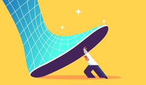 A cartoon human tries to resist a blue tesselated boot from stepping on them.
