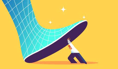 A cartoon human tries to resist a blue tesselated boot from stepping on them.