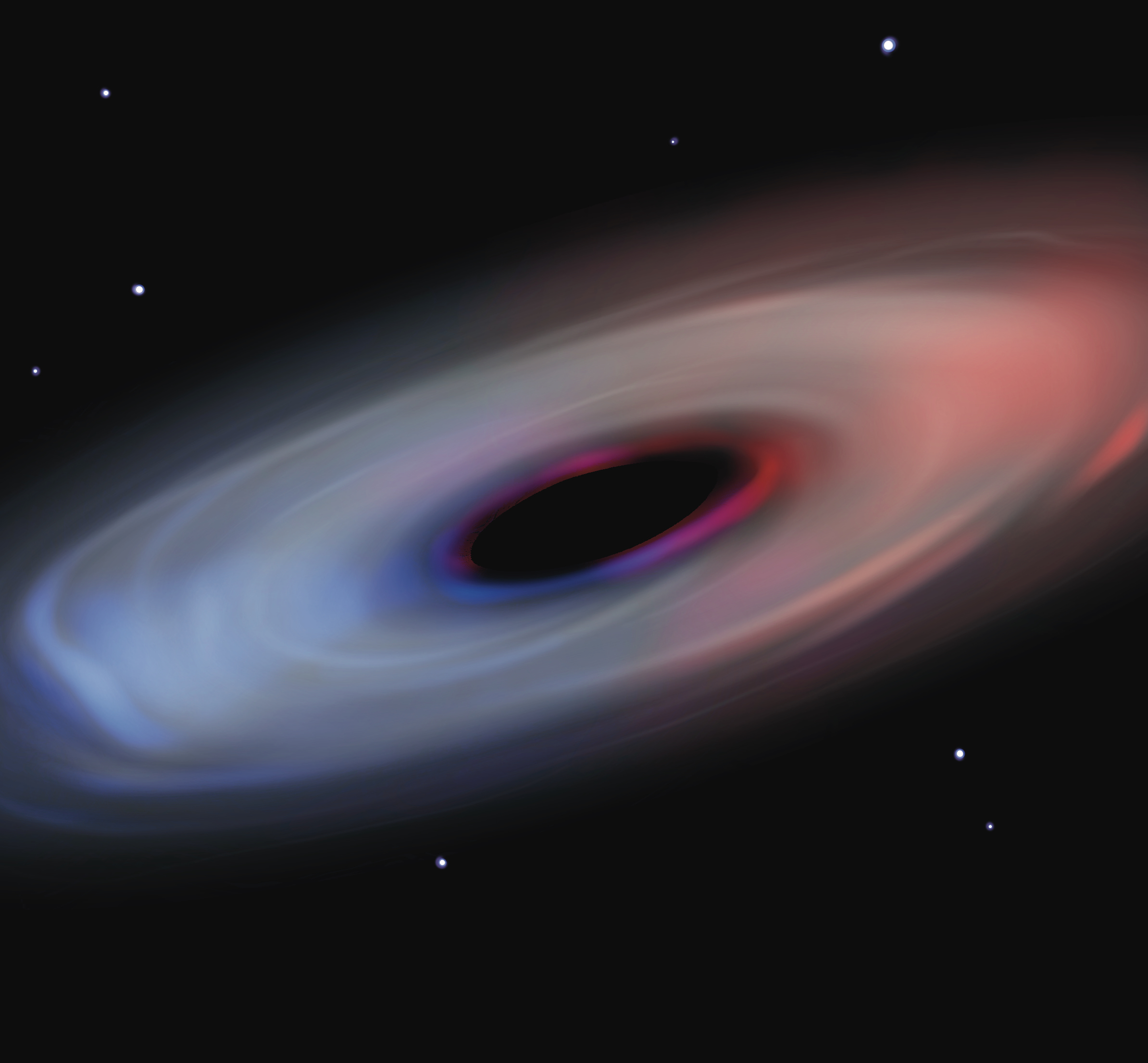 A giant oval cloud of gray gas swirling around a black elliptic center against the backdrop of space. The right side of the cloud is tinged red, and the left is tinged blue.