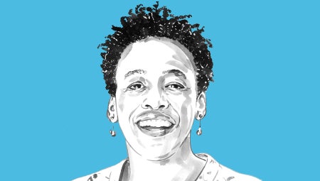 Portrait of Stephanie Dinkins against a blue background