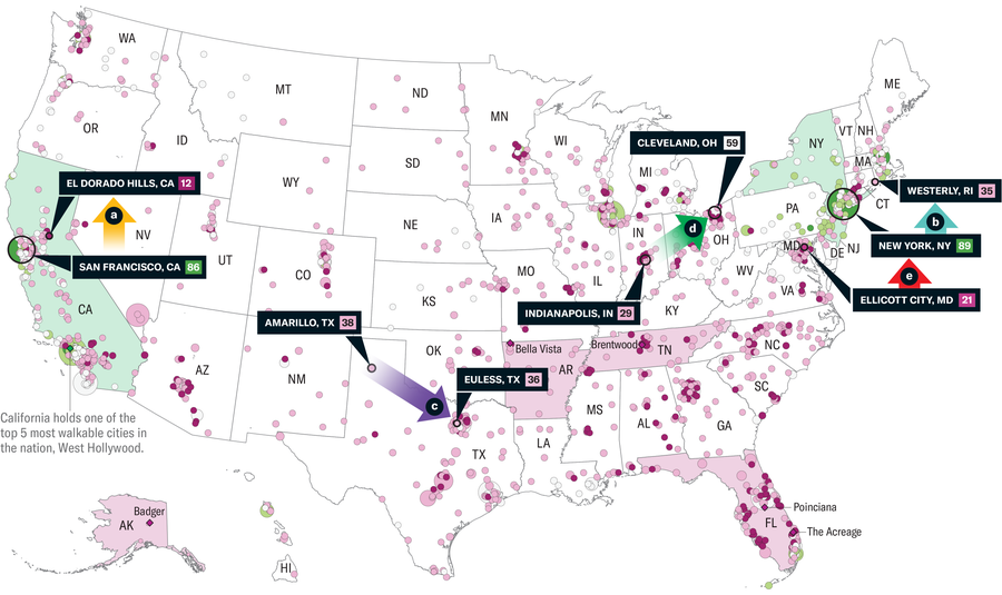 خريطة للولايات المتحدة تحتوي على 1609 مدينة أصلية و/أو وجهة موسومة بدوائر. تم تمييز خمسة أزواج من المدن، مع الإشارة إلى درجات إمكانية المشي.