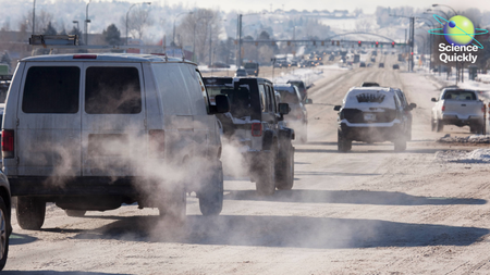 Illustration of the emissions released by vehicles on a road