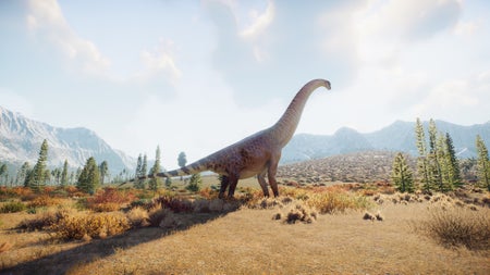 Illustration of a brachiosaurus dinosaur on sandy, sparse plains with a few trees