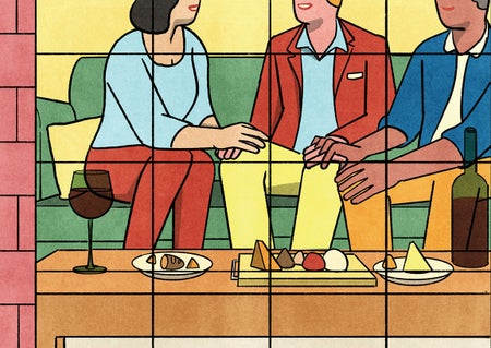 View through a window into a living room. Three people are sitting on a couch in an animated conversation, with hands intertwined