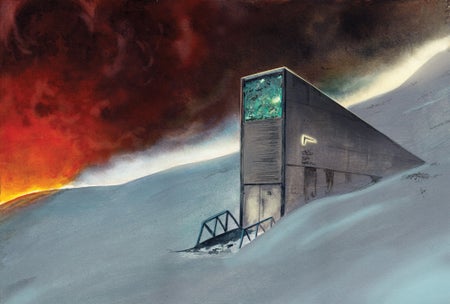 Illustration of the entrance to a vault in a snowy landscape.